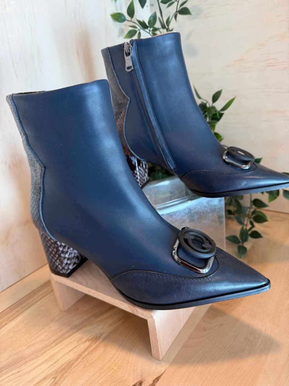 Women’s Leather Navy Pointed Toe Ankle Boots with Decorative Buckle